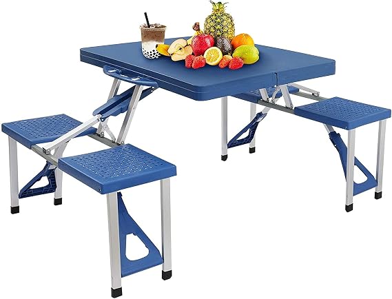AceX Folding Camping Table for Outdoors, Portable Picnic Tables with 4 Seats and Patio Umbrella Hole Lightweight Plastic Tabletop with Handle for Barbecue, Travel, Outing, Gathering, (No001)
