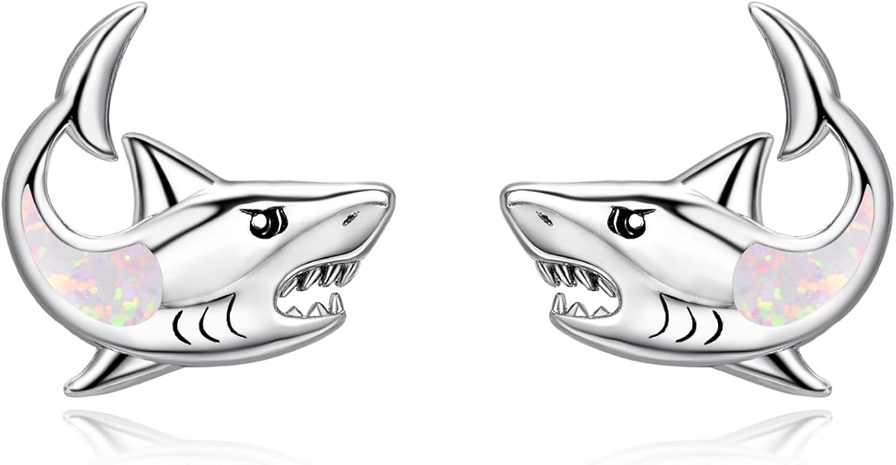Dreamboat Opal Shark Stud Earrings for Women 925 Sterling Silver Hypoallergenic Ocean Animal Fish Jewelry Christmas Birthday Gifts for Shark Lovers