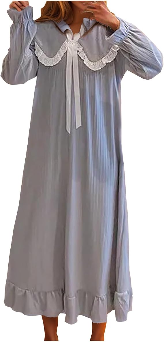 Women Cotton Nightgown Palace Sleepwear Collared Long Sleeve Vintage Victorian Princess Ruffle Hem Lace Sleep Dress