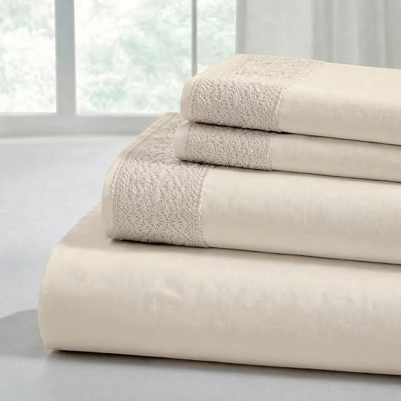 Modern Threads 3 Piece Microfiber Sheet Set Soft Cooling Bed Sheets with Crochet Lace Deep Pocket, Wrinkle Free, Breathable, Hotel Luxury Bedding, Beige, Twin