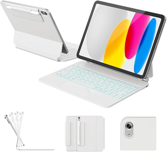RAYMCRAFT for iPad 11th(A16, 2025)/10th Generation Case with Keyboard, Magic Keyboard 2022, Springy Backlit Keys, Stain-Resistant Surface, Multi-Touch Trackpad, White
