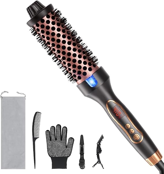 Thermal Brush, 1.5 Inch Curling Iron Heated Round Brush Styler, Hair Straightener & Curler & Volumizer 3 in 1, Negative Ion, Dual Voltage, 9 Temperature Control with LED Display (Inky)