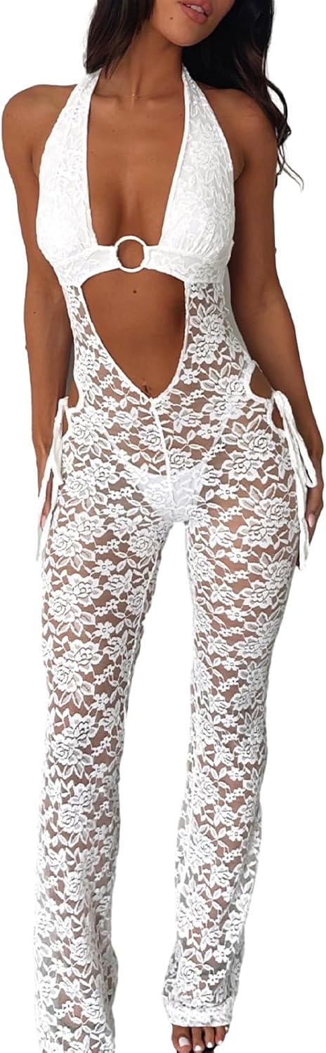 Women Sexy 2 Piece Lace Pants Set Y2K See Through Crop Top Sheer Mesh Floral Flare Pants Slim Matching Suit Set
