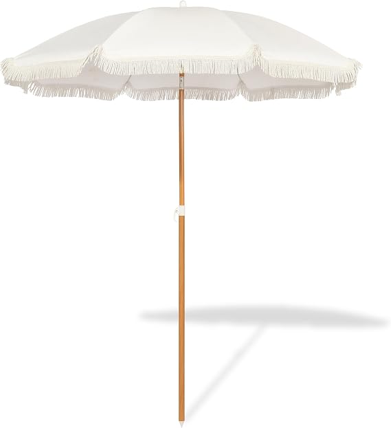 Seazul 5.2ft Patio Umbrella with Fringe, Beach Umbrella, Fringe Umbrella | Umbrella Outdoor Patio, Tilting Steel Pole, UV 50+, Fiberglass Ribs, Elegant Cream