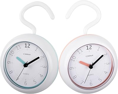 OSTAR 2PCS Shower Clock Waterproof, Analog Quartz Clock Hanging Stand Dual Purpose, One AA Battery Operated Round Size Silent Sweep