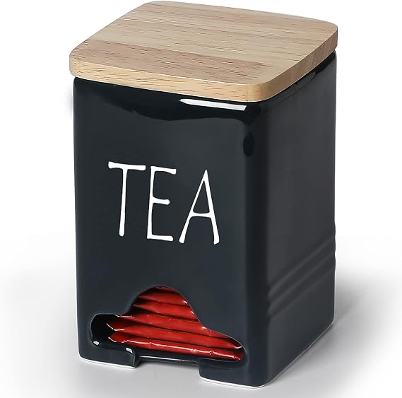 Ceramic Farmhouse Tea Bag Storage Organizer Caddy Holder with Lid (Navy)