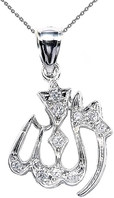 Middle Eastern Jewelry Solid Sterling Silver Allah CZ Pendant Necklace