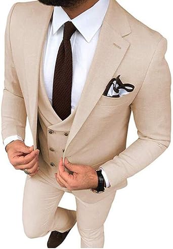 Sicily Mens Slim Fit Beige 3 Pieces Business Suit Prom Tuxedos Wedding Party Suits, 34