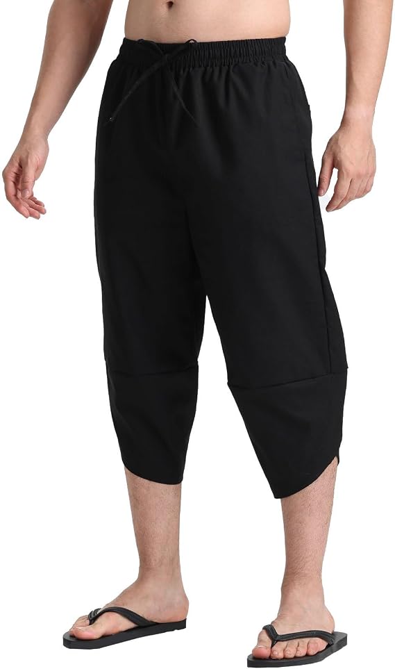 Men's Linen Capri Pants Beach Yoga Baggy 3/4 Shorts Lightweight Drawstring Elastic Waist with Pockets