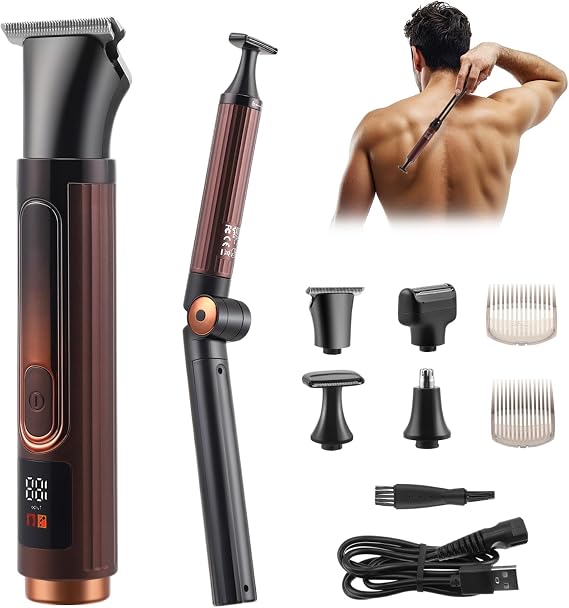 Back Shaver for Men, Mens Electric Back Shaver Body Grooming Kit, Cordless Back Hair Trimmer with Foldable Extendable Long Handle,Nose Hair Trimmer,Beard Trimmer,LED Display for Back Chest Face
