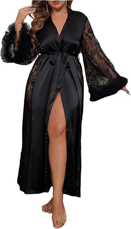 WDIRARA Women's Plus Size Satin Robe Sheer Lace Kimono Bathrobe