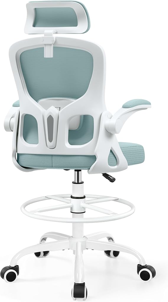 Drafting Chair, Tall Office Chair for Standing Desk, Ergonomic High Back with Headrest, Lumbar Support, Foot Ring and Flip-up Armrests, Light Blue