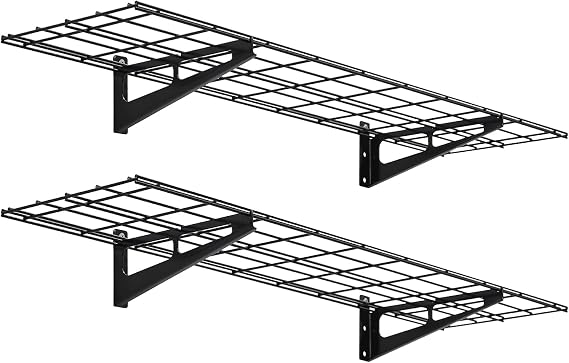 2-Pack Garage Shelves - 12"x48" Heavy Duty Wall Mounted Storage Rack, Industrial Strength Storage Capacity Metal Shelving Unit with Hooks, Floating Shelves for Garage/Utility Room.