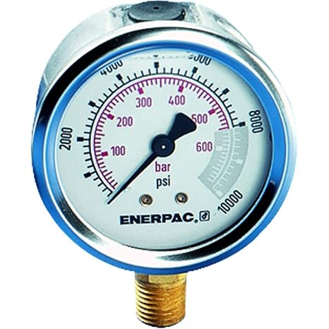 Enerpac G2535L Hydraulic Pressure Gauge with Dual 0 to 10,000 PSI and 0 to 700 Bar Range, 2-1/2"-Dia. Face, 1/4" NPTF Male, Lower-Mount Connection