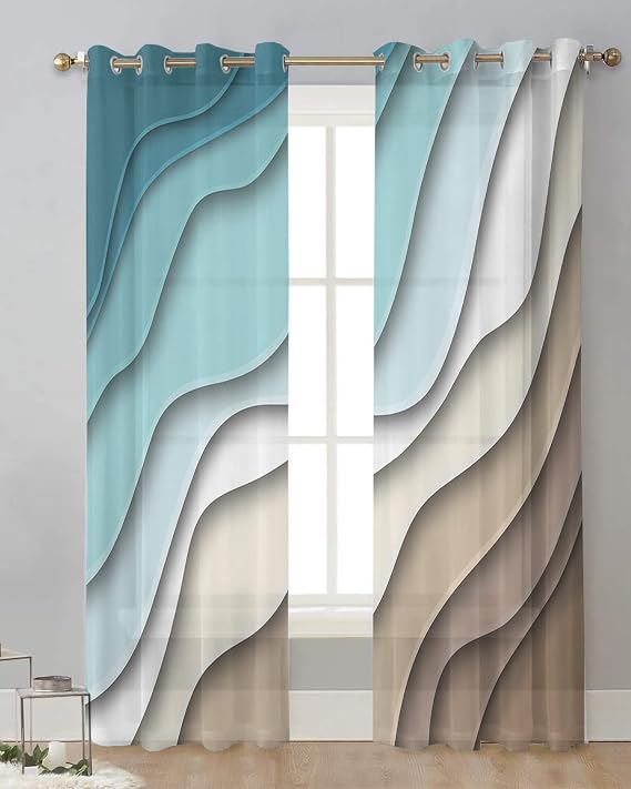 Teal Brown Ombre Semi-Sheer Curtains, 84"W x 42"L (Pack of 2), Modern Abstract Geometric Panels for Bedroom/Living Room, Grommet Top, Light Filtering, Privacy, Decorative