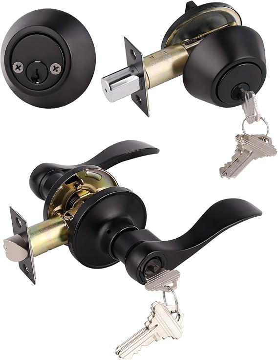 Gobrico 1 Pack Front Door/Exterior Door Lever Lockset with Double Cylinder Deadbolt Combination Set Keyed Alike, Black Finished