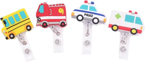 4 Pcs Set Cars Vehicles Transportation Badge ID Clip Reel Retractable Holder Office Work Nurse Name Badge Tag Clip On Card Holders Cute - 30 inch Cord Extension
