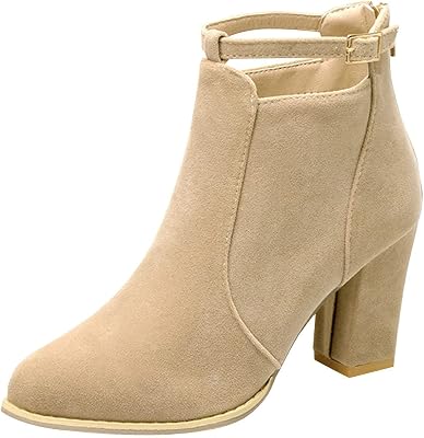 BORAMAX Womens Ankle Boots Faux Suede Side Zipper Casual Booties Ankle Straps Round Toe Chunky High Heels Ankle Booties