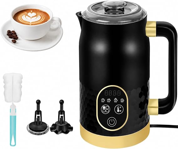 Electric Milk Frother – 4-in-1 Milk Steamer with Temperature Control Hot Chocolate, Latte & Cappuccino Frother Automatic Milk Warmer & Frother for Hot & Cold Foam with 2 Whisks and Brush