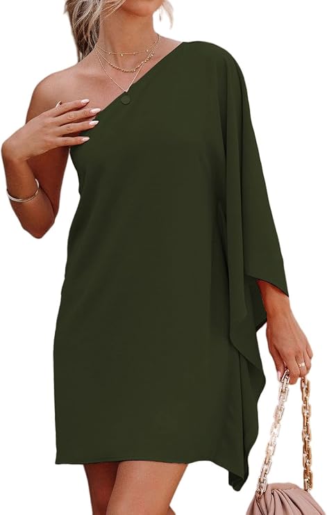 Jhsnjnr Women's Short Wedding Guest One Shoulder Dresses Formal Batwing Sleeve Club Party Cocktail Dress