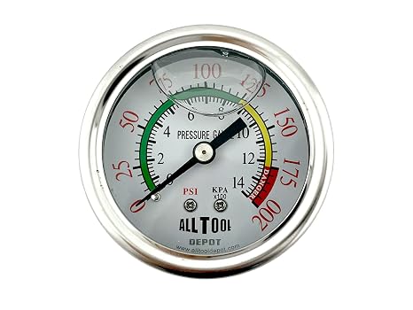 2" Oil Filled Pressure Gauge - Stainless Steel Case, Brass, 1/4" NPT, Center Back Mount, 0-200PSI (Color Coded)