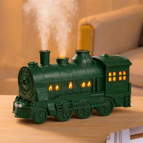 Coverzone Buhar Treni Görünümlü 300ML Hava Nemlendirici Difüzör | Çift Nozullu Güçlü Soğuk Buhar | Dekoratif Masaüstü Ofis ve Yatak Odası Nem Makinesi | 24cm x 13cm | TD77 (Yeşil)
