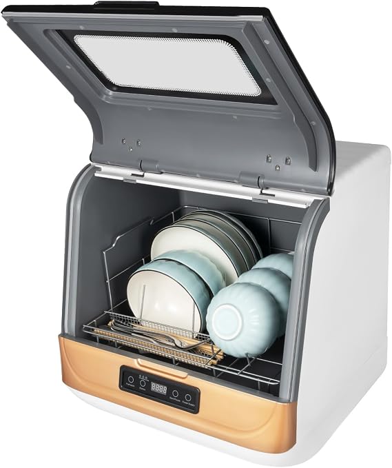 Portable Mini Dishwasher, Countertop 1200W Compact Five Washing Programs 8L Built-in Water Tank High Temperature Water (72C) Rotating Spray for Dorm Full Panel Control, Apartments& RVs, White (Gold)