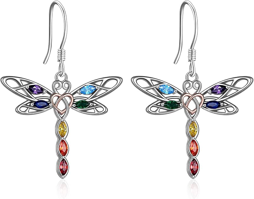 POPLYKE Dragonfly Earrings 925 Sterling Silver Bithstone Dragonfly Earrings Celtic Knot 7 Chakras Jewelry Gifts for Women