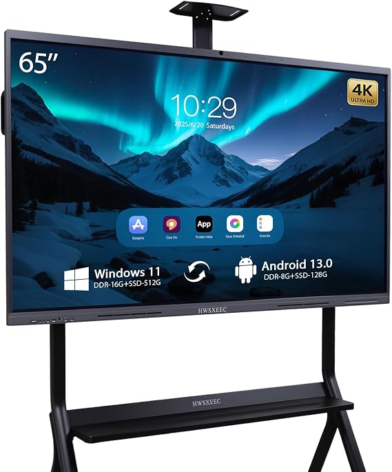 Smart Board 65 inch, Interactive Smartboard Digital Whiteboard with Dual OS Android Windows, Touch Screen Wall Mount for Classroom Business Office