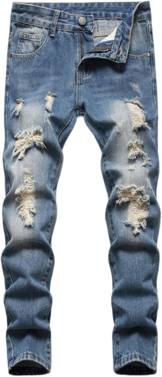 Boy's Stretch Comfy Ripped Jeans Skinny Stylish Distressed Washed Denim Jeans Pants