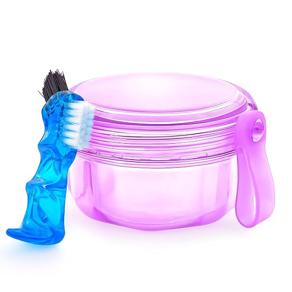 Leakproof Denture Case Purple Denture Soaking Cup with Strainer Basket, False Teeth Container Dental Denture Bath Holder Storage Box Retainer Cleaner Case for Traveling