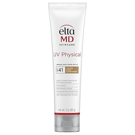 EltaMD UV Physical Tinted Sunscreen SPF for Face, 100% Mineral Active Sunscreen, Transparent Zinc Oxide Finish