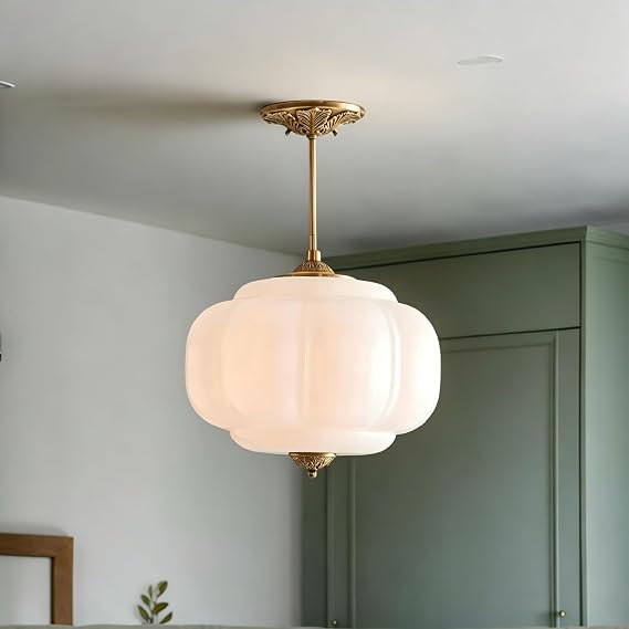Bofea-Vintage Gold Milk Glass Pendant Light Fixture,15" White Pleated Glass Chandelier,Antique Pendant Lights Kitchen Island, Semi-Flush Mount Ceiling Light for Dining Room Living Room Foyer