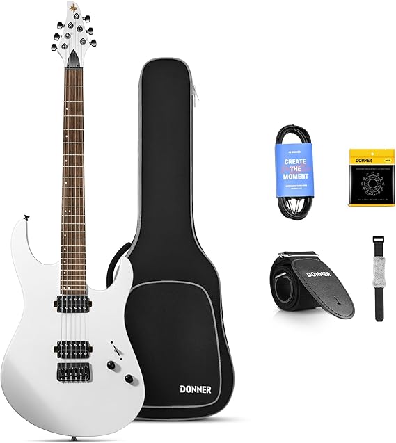 Donner Katı Gövde Elektro Gitar, DMT-100 39 İnç Metal Elektro Gitar, H-H Manyetikli İnşaat Kiti, Çanta, Teller, Askı, Kablo, Rock Müzik Severler için Tel Amortisör (Beyaz)