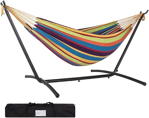 Prime Garden Hammock with Stand for Outside, Heavy Duty Space Saving Steel Stand with 450 lb Capacity,Double Hammock with Portable Carrying Bag, Hamacas para Adultos for Outdoors, Patio, Garden, Yard