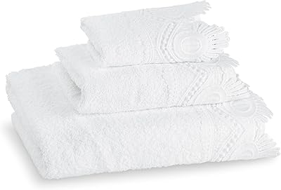 Zahari Home 3 Piece Laced Towel Set - Stylish Soft Plush Cotton Towels with Hand Towel & Washcloth - Highly Absorbent Towels for Bathroom, Gym, Hotel & Spa Crochet White
