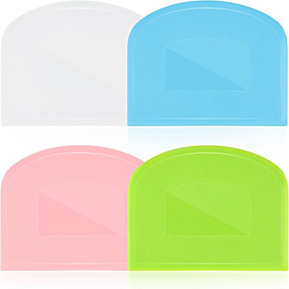 4 Pieces Food Scraper, Flexible Dough Scraper, Dough Scraper for Sourdough, Multifunctional Kitchen Scraper Tool, Baking Scraper, Bread Dough Cutter, Cake Smoother for Icing (White, Green, Blue, Pink)