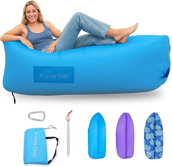 Inflatable Lounger, 210T polyester air sofa , inflatable couch for camping , can withstand 450 lbs air chair, pocket and matching bag, convenient beach blow up couch,Ideal Outdoor Gifts for Adults