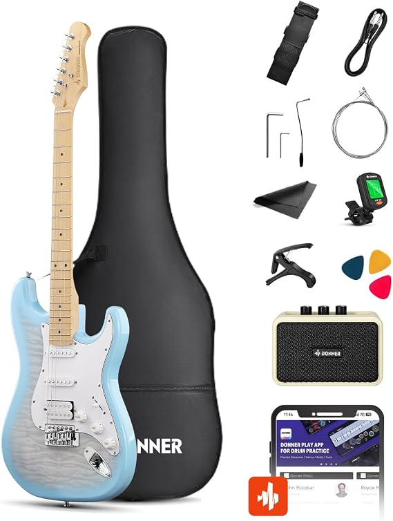 Donner DST-90 Beginner Electric Guitar Kit with Amp, HSS, Plumbago Burst