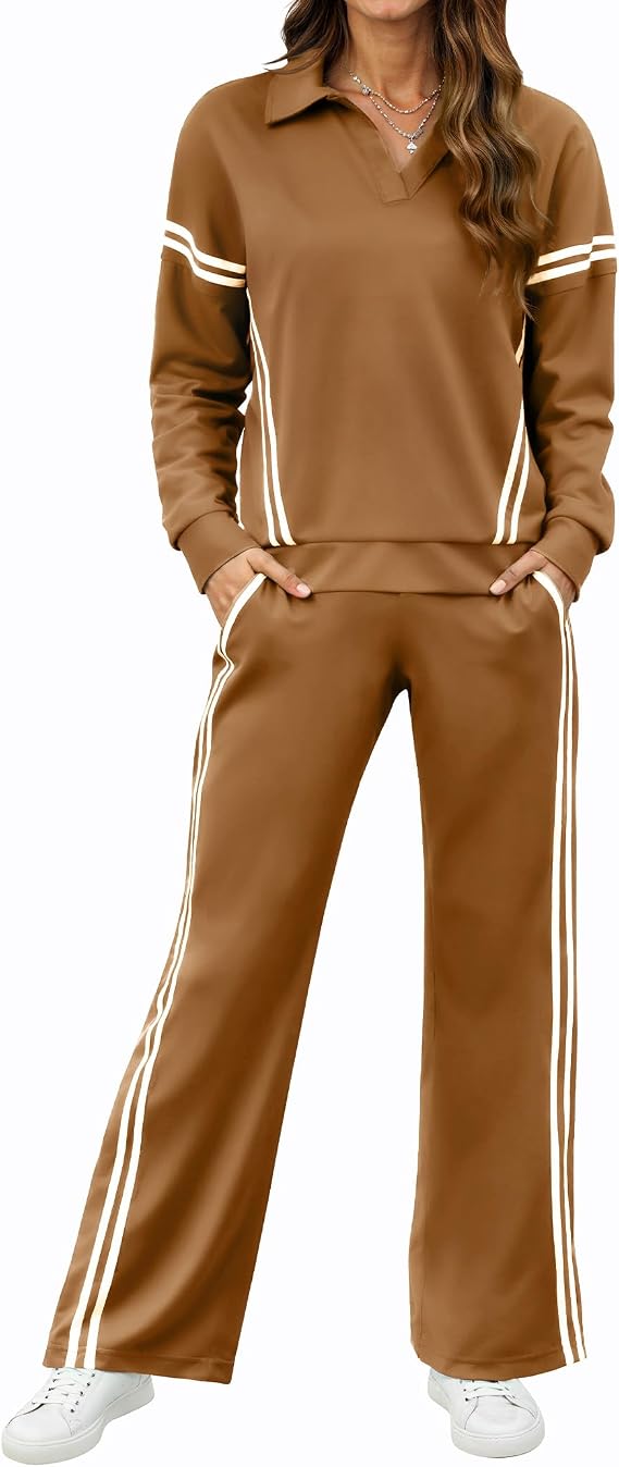SHESHOW Lounge Sets for Women V-Neck Tracksuit 2-Stripes Wide Leg Pants 2 Piece Outfit Women Sweatsuits with Pockets XS-XXL