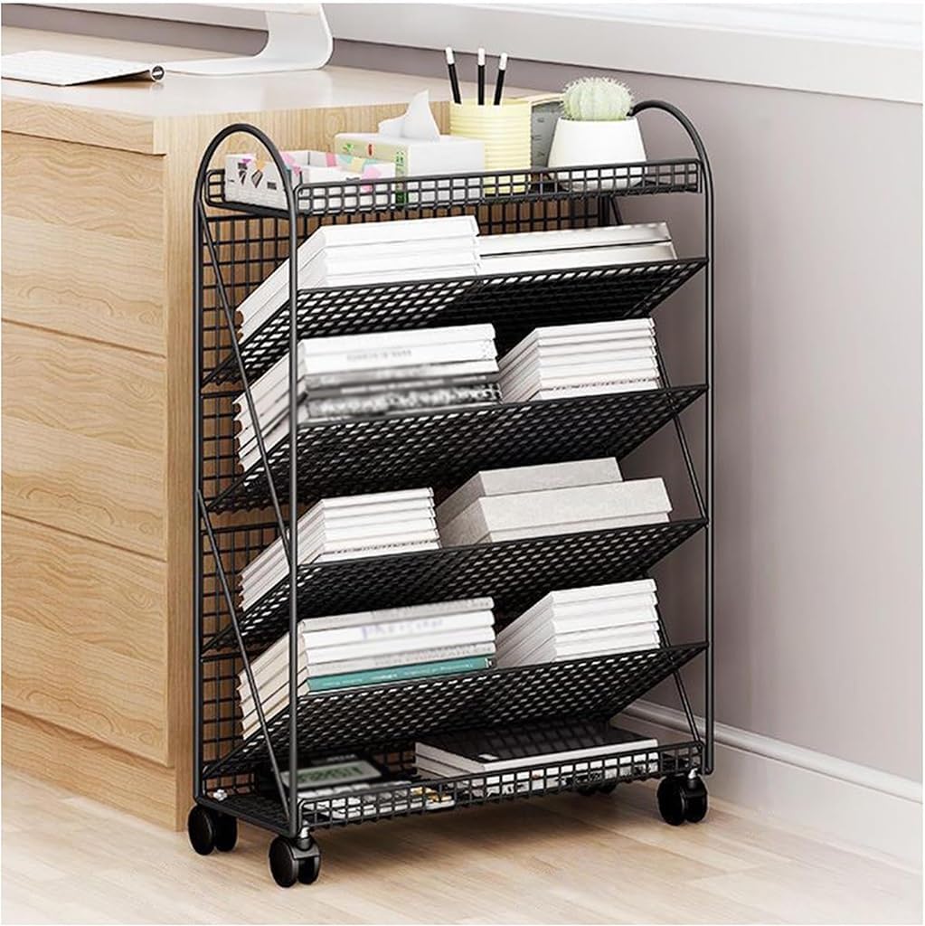 Large Capacity 6 Tier Mobile Bookshelf, Metal Utility Magazine Holder with Wheels, Multfunctional Bookcase for Classroom, Office, Home, Study Room File Organization Color : Black