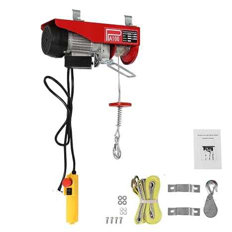 220V 480W Electric Winches Overhead Electric Hoist Lift 220Lbs Anti-Rush Top Limiter With 2 Lifting Straps, Hook, 2 Mounting Clamp Brackets, Wired Remote Control