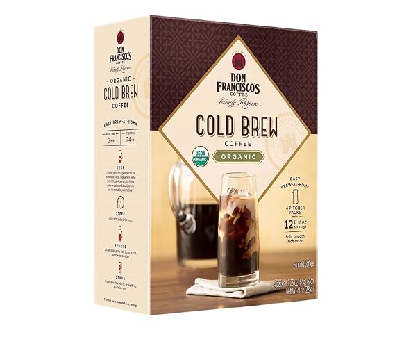 Don Francisco's Organic Cold Brew Coffee Pitcher Packs Easy At-Home Prep, Smooth and Rich with Chocolate Notes Medium-Dark Roast, 100% Arabica Enjoy Black or with Cream & Sugar Makes 2 Pitchers (12 Servings)