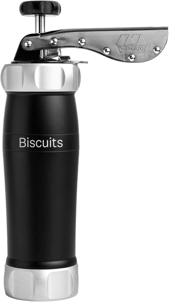 Marcato Biscuit Cookie Press Design Line, Black. MADE IN ITALY, 20 Shapes, 2 Cookie Sizes, FoodGrade Anodized Aluminum, Easy to Use & Clean, Fast Homemade Cookie Maker