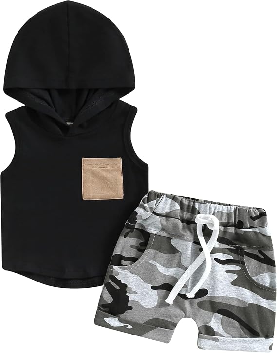 Summer Toddler Boy Clothes Set, Cotton Baby Boy Outfits Hooded Tank Tops and Shorts