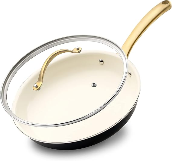 NutriChef Medium Nonstick Ceramic Frying Pan with Lid - Non Toxic 10 Inch Skillet with lid - Induction Compatible pan with Heat Resistance Handle - Easy to Clean and Stain-Resistant