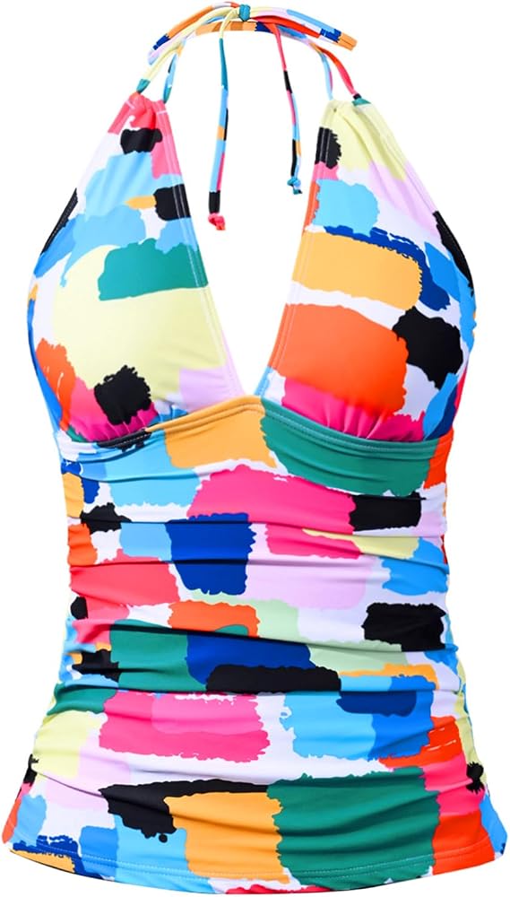 Women's Halter Tankini Top V Neck Swim Top Tummy Control Bathing Suit
