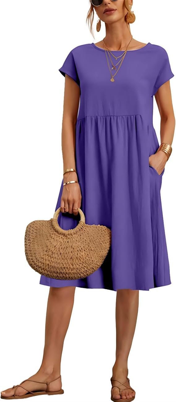 LARMLISS Baggy Crew Neck Dress for Women Summer Casual Comfy Cotton Short Sleeve Tunic Beach Midi Dresses with Pockets