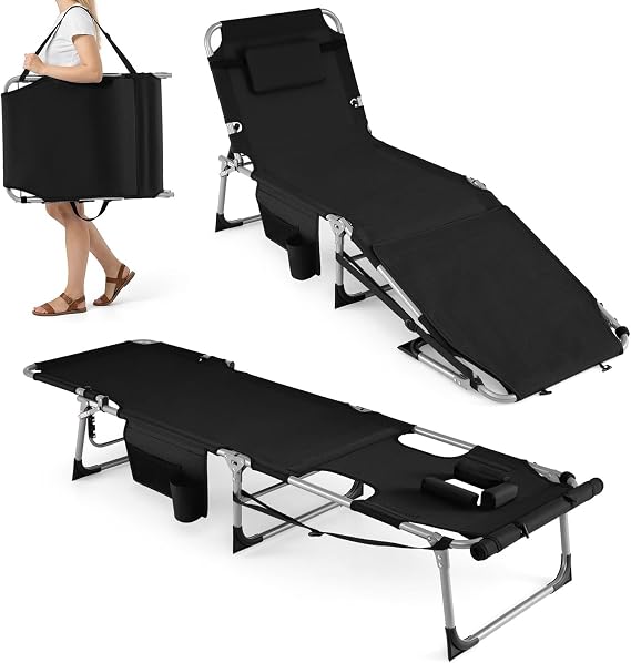 COSTWAY Folding Sun Lounger, 4/5-Position Adjustable Garden Chaise Lounge Chair Sunbed with Face Hole & Pillow, Portable Outdoor Sunbathing Tanning Recliner for Patio Beach (Black with Storage Pocket)