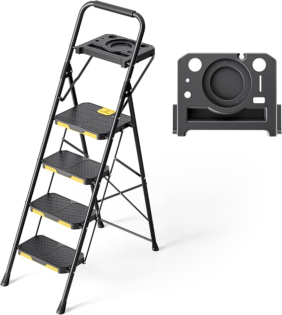 KINGRACK Folding 4-Step Ladder with Tool Tray, | Heavy-Duty Step Stool with Handrail, Wide Anti-Slip Pedals, 330lbs Capacity, Stepladder for Home, Kitchen, Garage